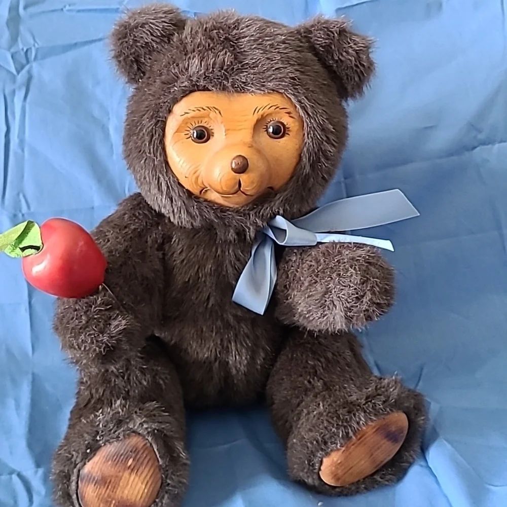Vintage Wood Face Bear Posable Stuffed Animal  1985